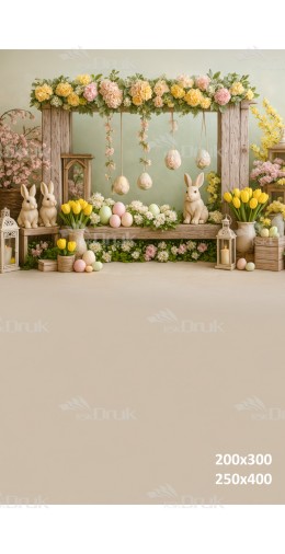 Tło fotograficzne „Wiosenny kącik z króliczkami i pastelowymi dekoracjami” | E607